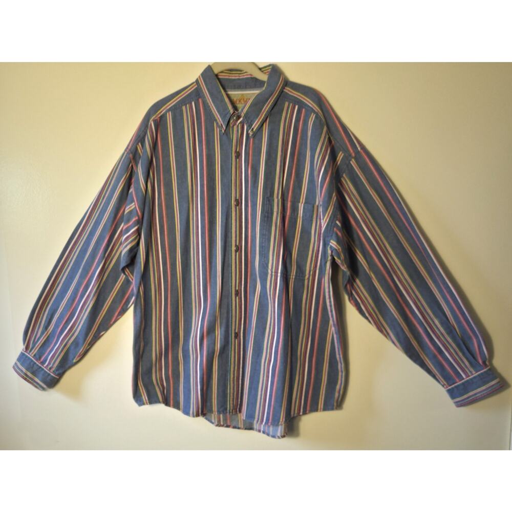 VTG Anchor Blue WKWR Mens Heavy Cotton Button Up Stripes Denim Work Shirt L